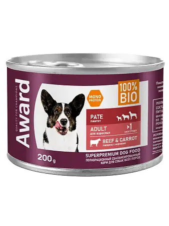 Купить award консервы для взрослых собак паштет из говядины с морковью